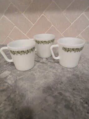 Pyrex White Milk Glass Mugs with Olive Green Floral Band - Set of 3